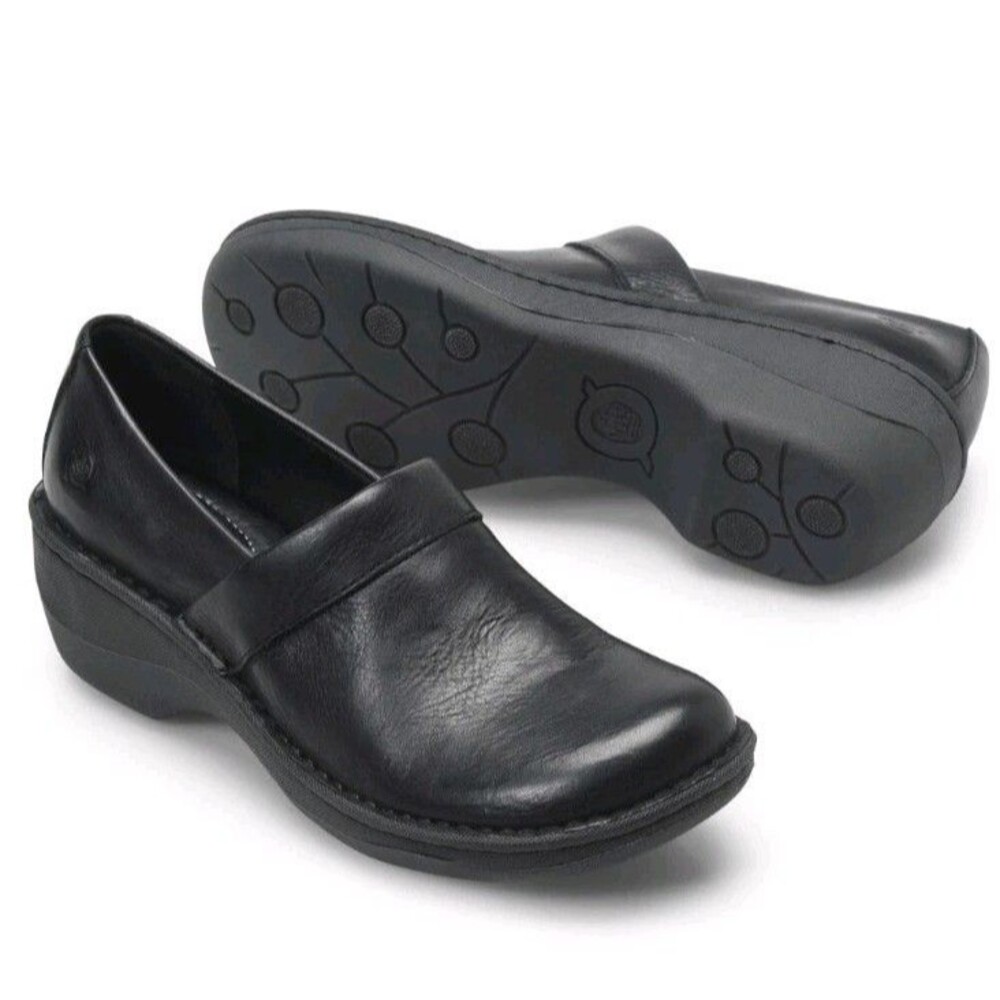 Born Toby Black Leather Duo Professional  Comfort Slip On Clogs Size 9 M